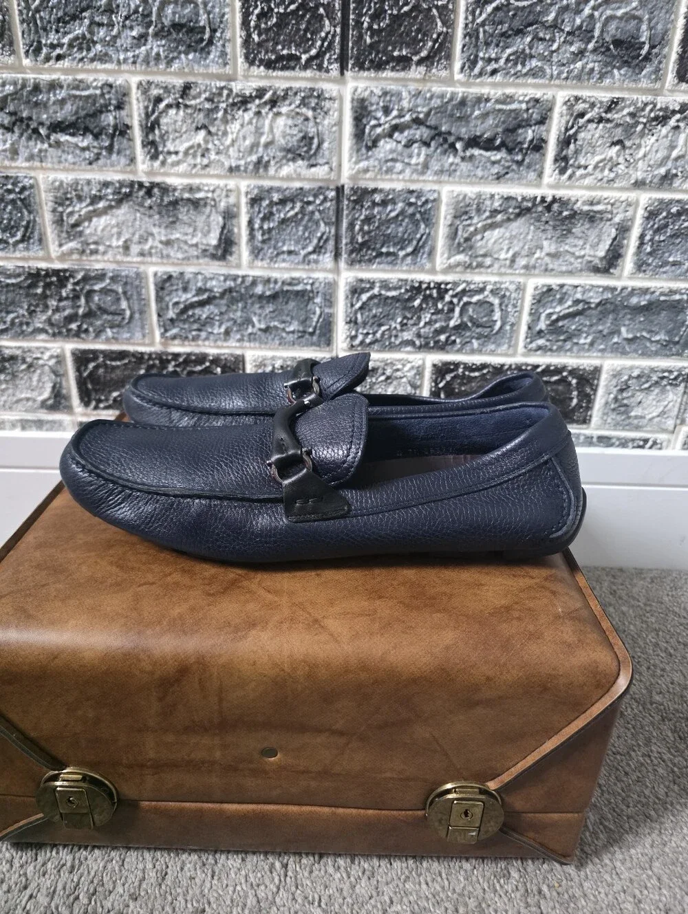 Salvatore Ferragamo Men's Navy Leather Loafers Size 9.5
